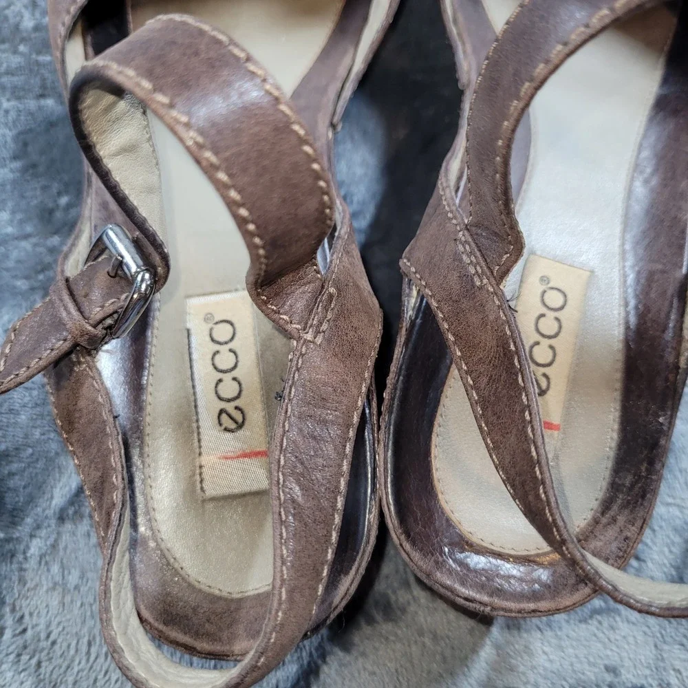 Ecco‎ Womens Brown Leather Wedge Sandals Slingback Buckle Ankle Strap Size 9
